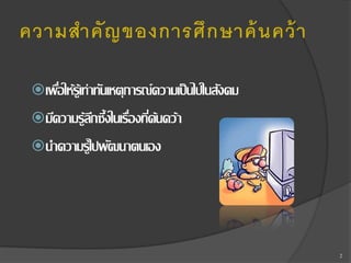 ความสาคั ญ ของการศึ ก ษาค้ นคว้ า
 เพือให้รู้เท่าทันเหตุการณ์ความเป็ นไปในสังคม
่
 มีความรู้ลกซึ้งในเรืองทีค้นคว้า
ึ
่ ่

 นาความรู้ไปพัฒนาตนเอง

2

 