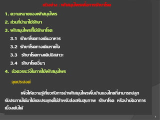 ่
ตัวอย่าง : ผักสมุนไพรเพือการรักษาโรค
1. ความหมายของผักสมุนไพร
2. ส่วนที่นามาใช้รักษา
3. ผักสมุนไพรที่ใช้รักษาโรค
3.1 รักษาโรคทางเดินอาหาร
3.2 รักษาโรคทางเดินหายใจ
3.3 รักษาโรคทางเดินปสสาวะ
ั
3.4 รักษาโรคอื่ นๆ
4. ข้อควรระวังในการใช้ผกสมุนไพร
ั
จุดประสงค์

่
เพือให้ความรู้เกี่ยวกับการนาผักสมุนไพรพื้นบ้านของไทยที่สามารถปลูก
รับประทานได้มาใช้และประยุกต์ใช้สาหรับส่งเสริมสุขภาพ รักษาโรค หรือบาบัดอาการ
เบื้องต้นได้
8

 