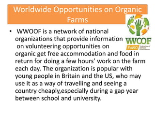 Worldwide Opportunities on Organic
Farms
• WWOOF is a network of national
organizations that provide information
on volunteering opportunities on
organic get free accommodation and food in
return for doing a few hours’ work on the farm
each day. The organization is popular with
young people in Britain and the US, who may
use it as a way of travelling and seeing a
country cheaply,especially during a gap year
between school and university.
 