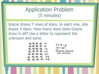 Application Problem
(5 minutes)
Gracie draws 7 rows of stars. In each row, she
draws 4 stars. How many stars does Gracie
draw in all? Use a letter to represent the
unknown and solve.
 