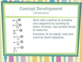 Concept Development
(30 minutes)
Work with a partner to complete
your sequence by counting by
seven 10 times. Use number bonds
to make ten.
Everyone, at my signal, read your
count by seven sequence.
 