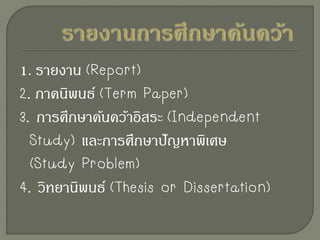 1. รายงาน (Report)
2. ภาคนิพนธ์ (Term Paper)
3. การศึกษาค้นคว้าอิสระ (Independent
Study) และการศึกษาปั ญหาพิเศษ
(Study Problem)
4. วิทยานิพนธ์ (Thesis or Dissertation)

 