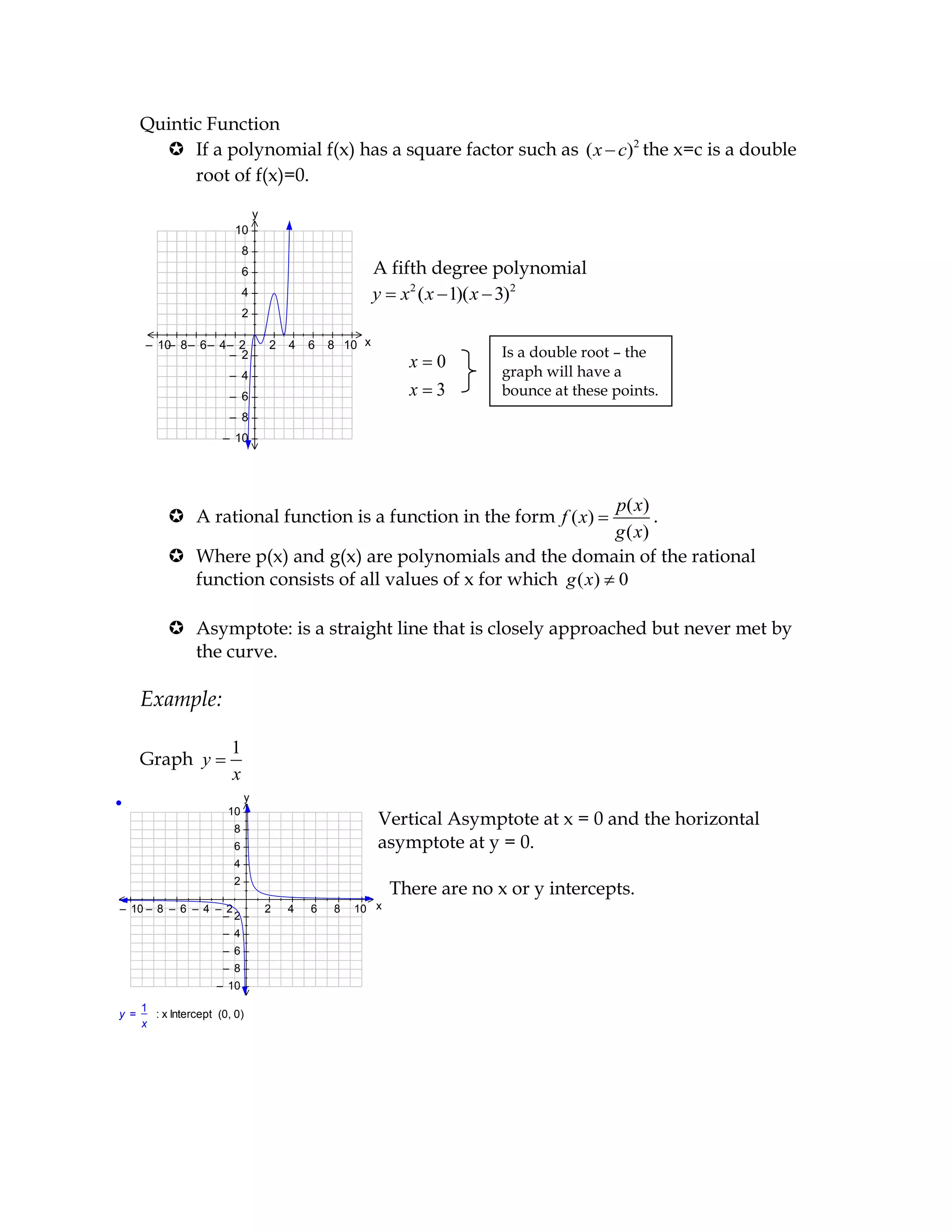2– 2
   10 10
   8 8
   6 6
   4 4
   2– 2
   10 10
   8 8
   6 6
   4 4
                 Quintic Function
                    If a polynomial f(x) has a square factor such as ( x c)2 the x=c is a double
                       root of f(x)=0.
                                            y
                                     10
                                        8
                                        6                            A fifth degree polynomial
                                        4                            y x2 ( x 1)( x 3)2
                                        2

                 – 10 8 – 6 – 4 – 2
                     –                          2   4   6   8 10 x
                                – 2                                                  Is a double root – the
                                                                         x   0       graph will have a
                                   – 4
                                   – 6                                   x   3       bounce at these points.
                                   – 8
                                  – 10




                                                                              p ( x)
                       A rational function is a function in the form f ( x)         .
                                                                              g ( x)
                       Where p(x) and g(x) are polynomials and the domain of the rational
                        function consists of all values of x for which g ( x) 0

                       Asymptote: is a straight line that is closely approached but never met by
                        the curve.

                 Example:
    1
2–=2
y
10 10
8 8
6 6
4 4
2– 2x
10 10
8 8
6 6
4 4


                                    1
                 Graph y
                                    x
                                        y
                                   10
                                    8
                                                                     Vertical Asymptote at x = 0 and the horizontal
                                    6                                asymptote at y = 0.
                                    4
                                    2
                                                                       There are no x or y intercepts.
           – 10 – 8 – 6 – 4 – 2                 2   4   6   8   10 x
                             – 2
                                  – 4
                                  – 6
                                  – 8
                                 – 10
                 1
           y =     : x Intercept (0, 0)
                 x
 