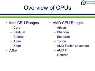 Overview of CPUs
• Intel CPU Ranges
– Core
– Pentium
– Celeron
– Atom
– Xeon
• ARM
• AMD CPU Ranges
– Athlon
– Phenom
– Sempron
– Turion
– AMD Fusion (A series)
– AMD F
– Opteron
 