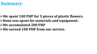Summary
We spent 100 PHP for 5 pieces of plastic flowers.
None was spent for materials and equipment.
We accumulated 200 PHP
We earned 100 PHP from our service.
 
