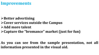 Improvements
Better advertising
Cover services outside the Campus
Add more talent
Capture the “bromance” market (just for fun)
As you can see from the sample presentation, not all
information presented in the visual aid.
 
