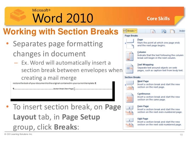 ms word section breaks