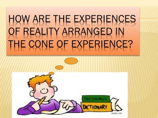 HOW ARE THE EXPERIENCES
OF REALITY ARRANGED IN
THE CONE OF EXPERIENCE?
 