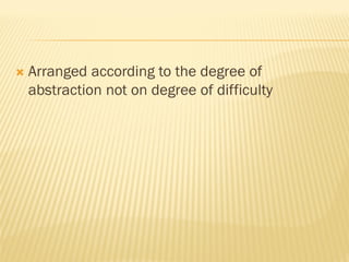  Arranged according to the degree of
abstraction not on degree of difficulty
 