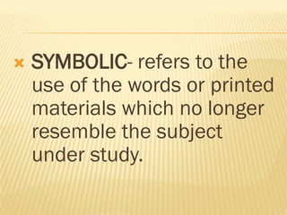  SYMBOLIC- refers to the
use of the words or printed
materials which no longer
resemble the subject
under study.
 