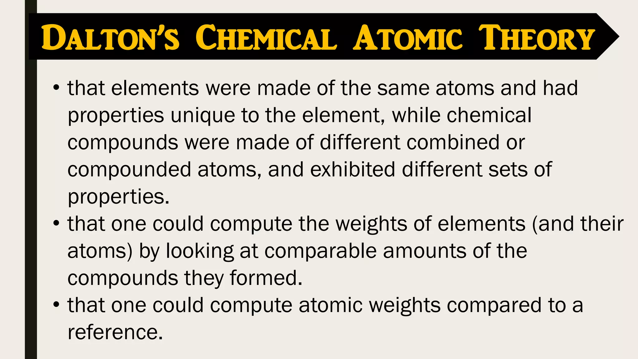 • that elements were made of the same atoms and had
properties unique to the element, while chemical
compounds were made of different combined or
compounded atoms, and exhibited different sets of
properties.
• that one could compute the weights of elements (and their
atoms) by looking at comparable amounts of the
compounds they formed.
• that one could compute atomic weights compared to a
reference.
Dalton’s Chemical Atomic Theory
 