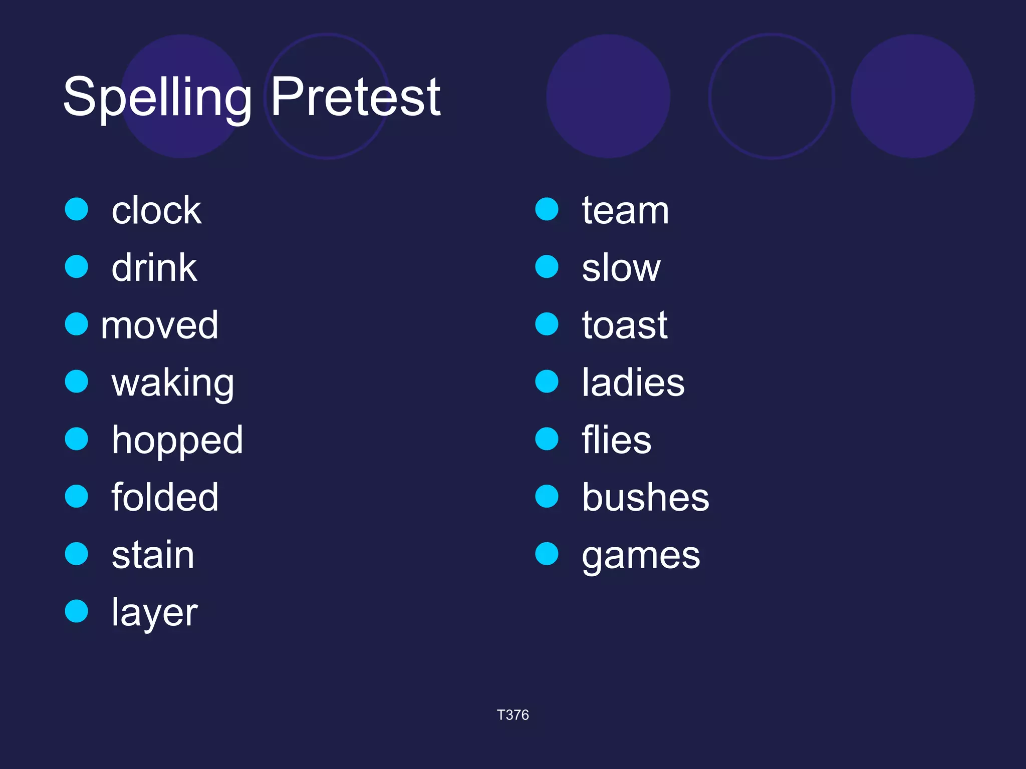 Spelling Pretest 
 clock 
 drink 
 moved 
 waking 
 hopped 
 folded 
 stain 
 layer 
 team 
 slow 
 toast 
 ladies 
 flies 
 bushes 
 games 
T376 
 