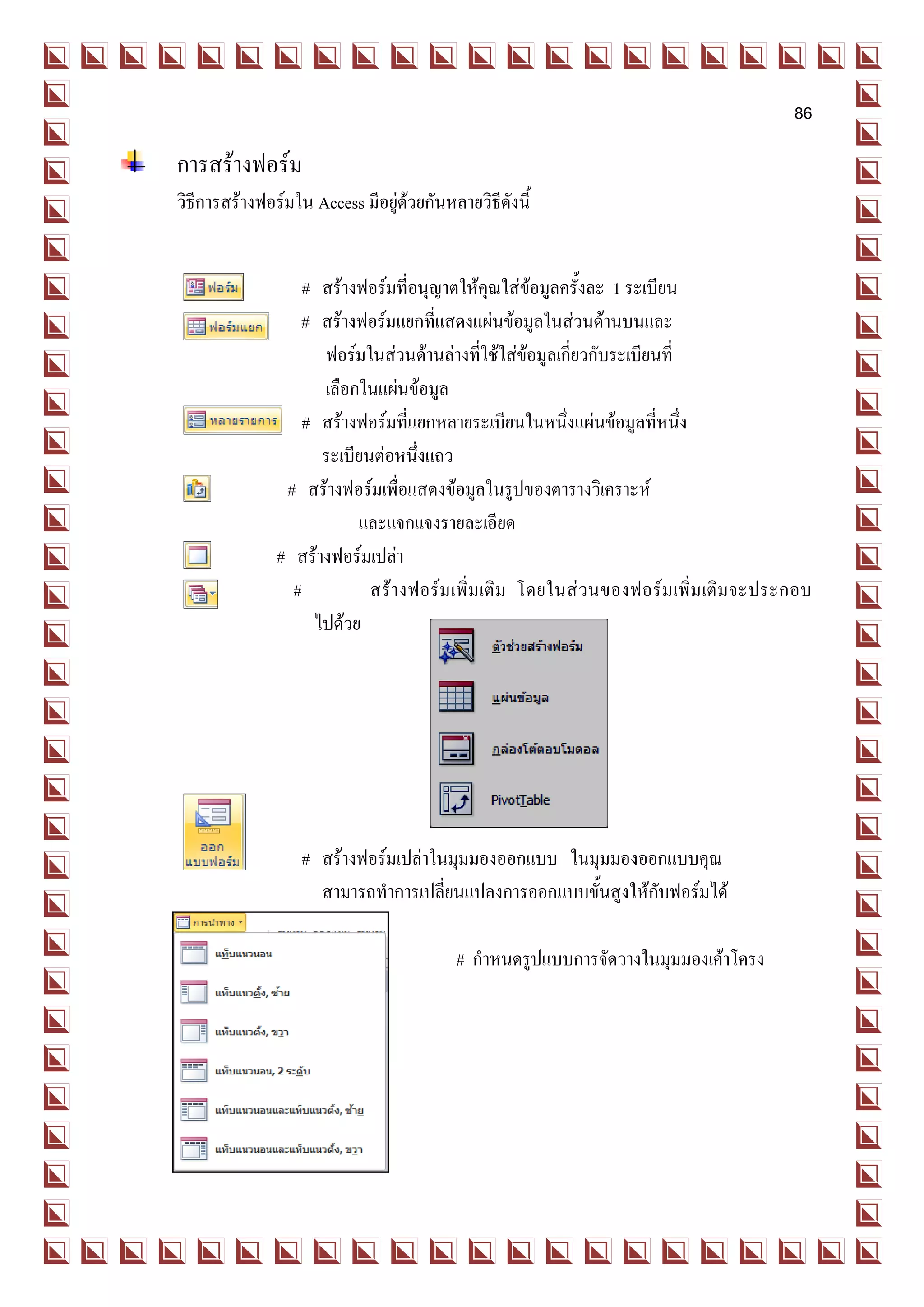 86

การสร้างฟอร์ม
วิธีการสร้างฟอร์มใน Access มีอยู่ด้วยกันหลายวิธีดังนี้


                   # สร้างฟอร์มที่อนุญาตให้คุณใส่ข้อมูลครั้งละ 1 ระเบียน
                  # สร้างฟอร์มแยกที่แสดงแผ่นข้อมูลในส่วนด้านบนและ
                     ฟอร์มในส่วนด้านล่างที่ใช้ใส่ข้อมูลเกี่ยวกับระเบียนที่
                     เลือกในแผ่นข้อมูล
                   # สร้างฟอร์มที่แยกหลายระเบียนในหนึ่งแผ่นข้อมูลที่หนึ่ง
                     ระเบียนต่อหนึ่งแถว
                # สร้างฟอร์มเพื่อแสดงข้อมูลในรูปของตารางวิเคราะห์
                          และแจกแจงรายละเอียด
               # สร้างฟอร์มเปล่า
                 #          สร้า งฟอร์ม เพิ่ ม เติ ม โดยในส่ วนของฟอร์ม เพิ่ ม เติ มจะประกอบ
                    ไปด้วย




                   # สร้างฟอร์มเปล่าในมุมมองออกแบบ ในมุมมองออกแบบคุณ
                     สามารถทาการเปลี่ยนแปลงการออกแบบขั้นสูงให้กับฟอร์มได้

                                          # กาหนดรูปแบบการจัดวางในมุมมองเค้าโครง
 