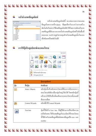 95

      หน้าต่างเขตข้อมูลลิสท์
                                         หน้า ต่า งเขตข้อมู ล ลิ ส ท์ นี้ จะแสดงรายการของเขต
                                ข้อมูล ในตารางหรือ Query ที่คุณ เลือกในระหว่างการสร้าง
                                ฟอร์มอันใหม่การใช้เขตข้อมูลลิสท์ทาได้โดยการคลิกแล้วลาก
                                เขตข้ อ มู ล ที่ ต้ อ งการจากหน้ า ต่ า งเขตข้ อ มู ล ลิ ส ท์ ไ ปยั ง พื้ น ที่
                                ออกแบบ จะปรากฏตัวควบคุมสาหรับเขตข้อมูลนั้นในแบบ
                                เท็กซ์บอกซ์โดยอัตโนมัติ


      การใช้ปุ่มในทูลบ็อกซ์และคอนโทรล




                               ปุ่มบนทูลบ็อกซ์
ปุม
  ่          ชื่อปุ่ม          คาอธิบาย
             Select Objects    คลิกปุ่มนี้แล้วคลิกคอนโทรลที่ต้องการเลือกหลาย ๆ
                               คอนโทรลทีเดียวเป็นกลุ่มใหญ่ ก็ทาได้ โดยคลิกปุ่มนี้
                               แล้วลากให้เป็นสี่เหลี่ยมล้อมรอบคอนโทรลทั้งหมดที่
                               ต้องการเลือก
             Control Wizards   คลิกเพื่อใช้ Control Wizards

             Text box          ปุ่มนี้ใช้สร้าง Text box ซึ่งผู้ใช้สามารถป้อนข้อความ
                               (หรือตัวเลข) ให้กับเขตข้อมูลในระเบียนได้ คอนโทรล
                               นี้ใช้สาหรับเขตข้อมูลที่มีชนิดของข้อมูลเป็น text และ
                               number
 