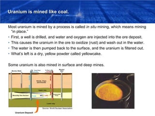 Uranium is mined like coal.
Most uranium is mined by a process is called in situ mining, which means mining
“in place.”
• ...