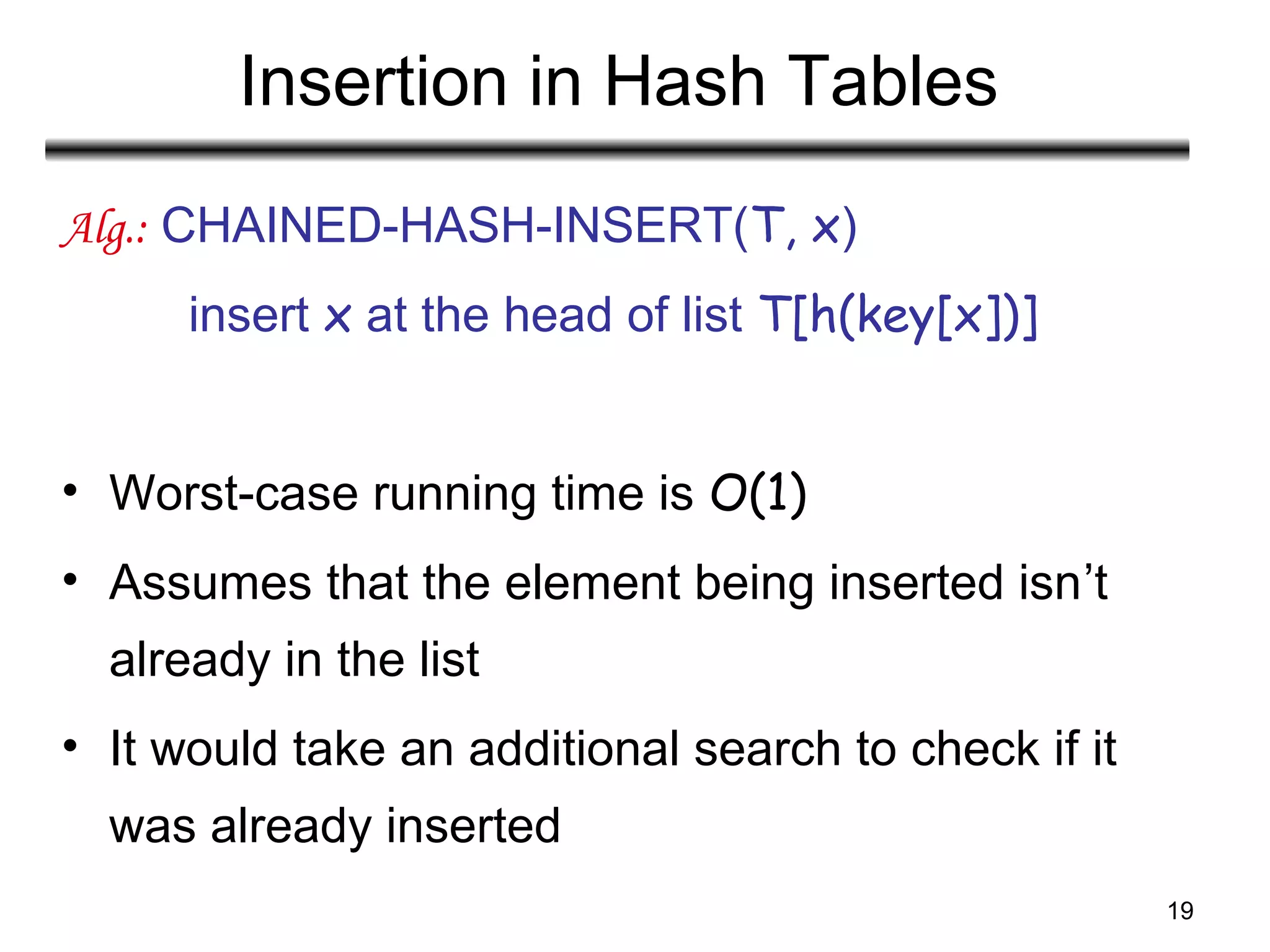 19
Insertion in Hash Tables
Alg.: CHAINED-HASH-INSERT(T, x)
insert x at the head of list T[h(key[x])]
• Worst-case running time is O(1)
• Assumes that the element being inserted isn’t
already in the list
• It would take an additional search to check if it
was already inserted
 