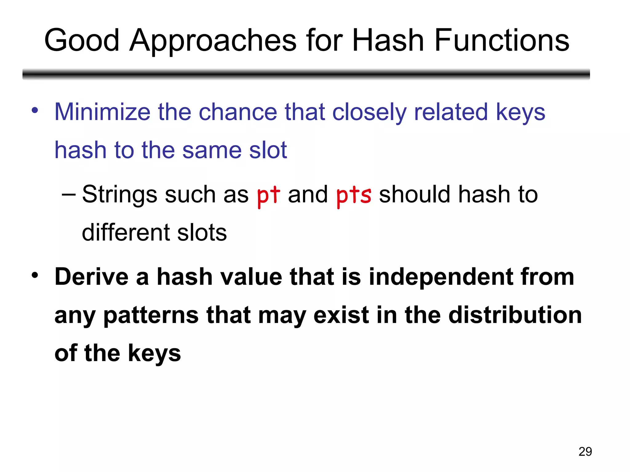 29
Good Approaches for Hash Functions
• Minimize the chance that closely related keys
hash to the same slot
– Strings such as pt and pts should hash to
different slots
• Derive a hash value that is independent from
any patterns that may exist in the distribution
of the keys
 