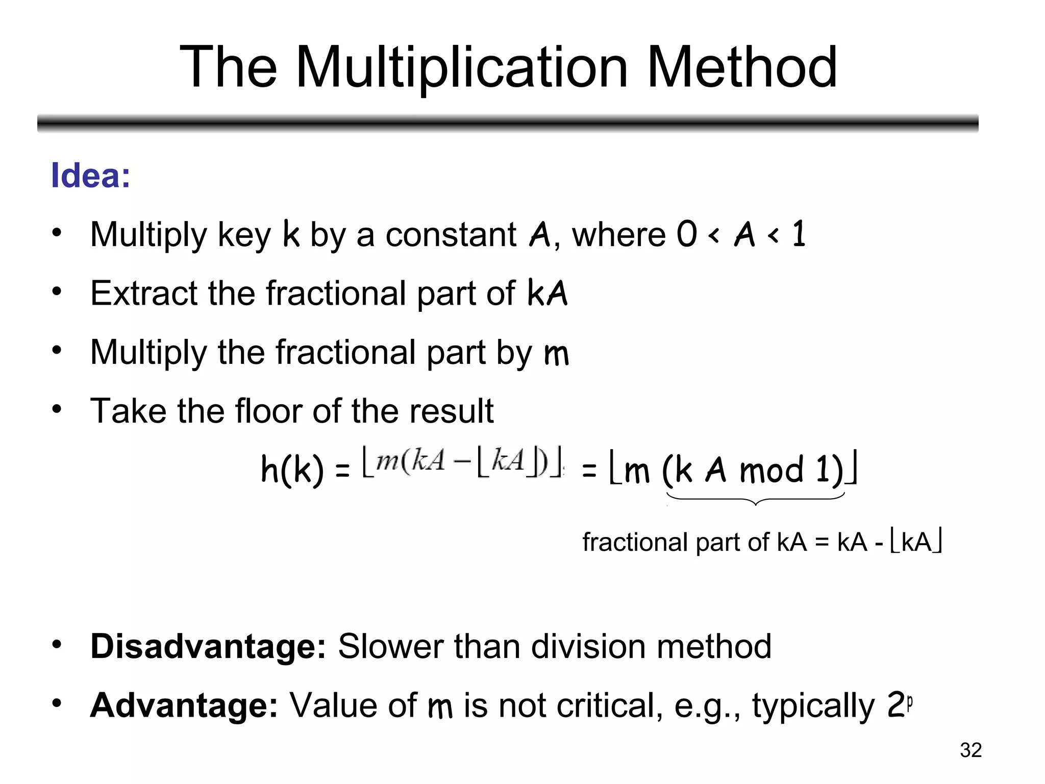32
The Multiplication Method
Idea:
• Multiply key k by a constant A, where 0 < A < 1
• Extract the fractional part of kA
• Multiply the fractional part by m
• Take the floor of the result
h(k) = = m (k A mod 1)
• Disadvantage: Slower than division method
• Advantage: Value of m is not critical, e.g., typically 2p
fractional part of kA = kA - kA
 