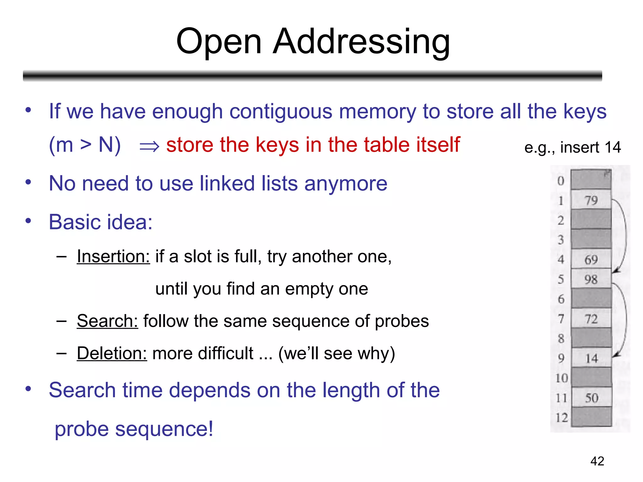 42
Open Addressing
• If we have enough contiguous memory to store all the keys
(m > N) ⇒ store the keys in the table itself
• No need to use linked lists anymore
• Basic idea:
– Insertion: if a slot is full, try another one,
until you find an empty one
– Search: follow the same sequence of probes
– Deletion: more difficult ... (we’ll see why)
• Search time depends on the length of the
probe sequence!
e.g., insert 14
 