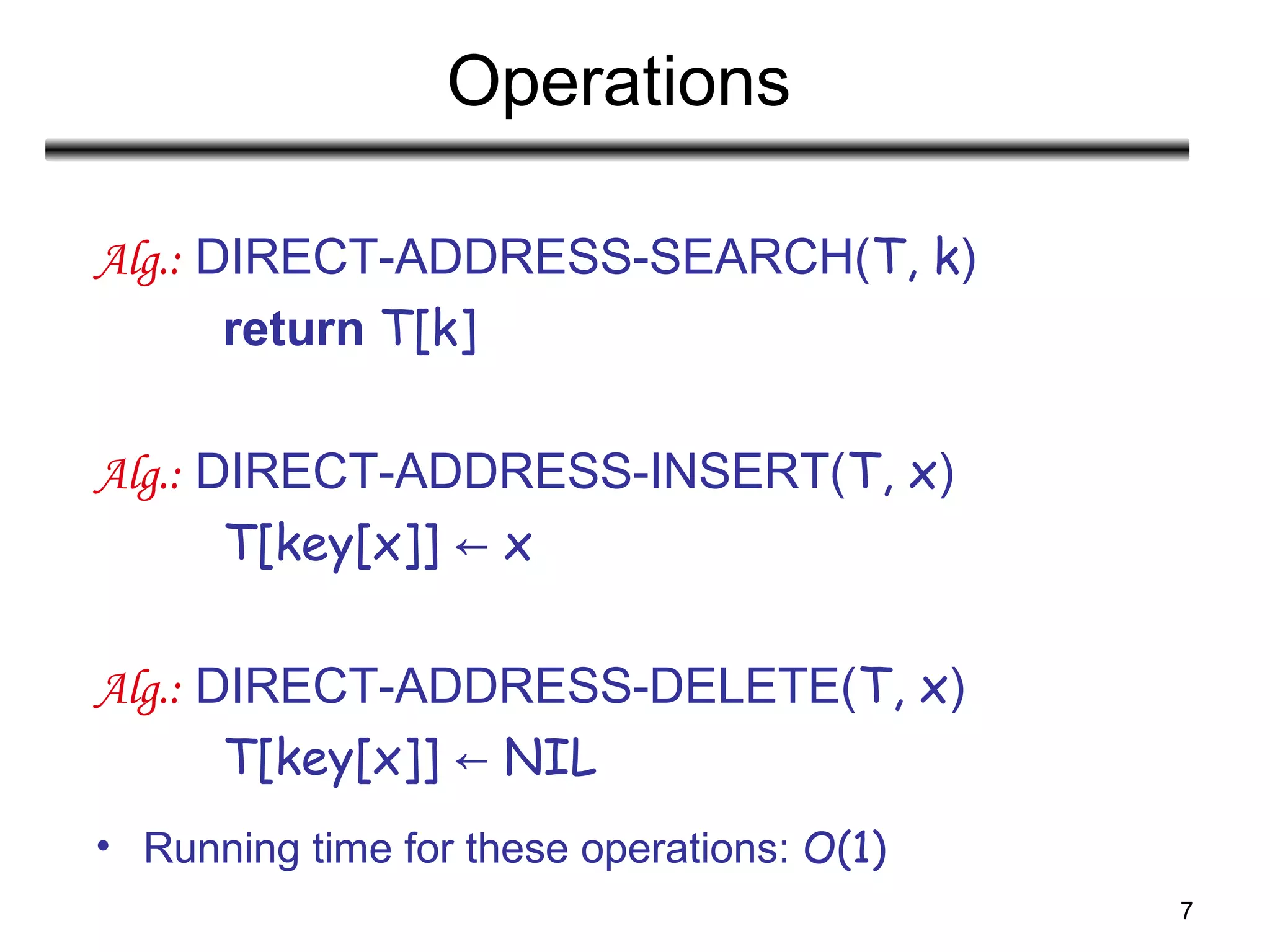 7
Operations
Alg.: DIRECT-ADDRESS-SEARCH(T, k)
return T[k]
Alg.: DIRECT-ADDRESS-INSERT(T, x)
T[key[x]] x←
Alg.: DIRECT-ADDRESS-DELETE(T, x)
T[key[x]] NIL←
• Running time for these operations: O(1)
 