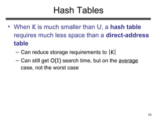 10
Hash Tables
• When K is much smaller than U, a hash table
requires much less space than a direct-address
table
– Can reduce storage requirements to |K|
– Can still get O(1) search time, but on the average
case, not the worst case
 