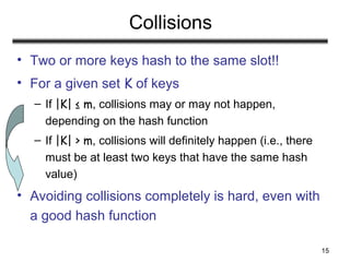 15
Collisions
• Two or more keys hash to the same slot!!
• For a given set K of keys
– If |K| ≤ m, collisions may or may not happen,
depending on the hash function
– If |K| > m, collisions will definitely happen (i.e., there
must be at least two keys that have the same hash
value)
• Avoiding collisions completely is hard, even with
a good hash function
 