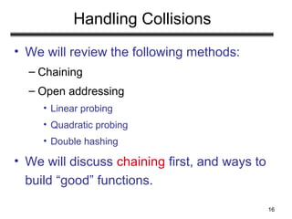 16
Handling Collisions
• We will review the following methods:
– Chaining
– Open addressing
• Linear probing
• Quadratic probing
• Double hashing
• We will discuss chaining first, and ways to
build “good” functions.
 