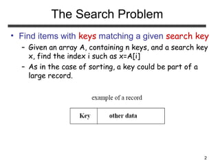 2
The Search Problem
• Find items with keys matching a given search key
– Given an array A, containing n keys, and a search key
x, find the index i such as x=A[i]
– As in the case of sorting, a key could be part of a
large record.
 