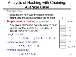 23
Analysis of Hashing with Chaining:
Average Case
• Average case
– depends on how well the hash function
distributes the n keys among the m slots
• Simple uniform hashing assumption:
– Any given element is equally likely to hash
into any of the m slots (i.e., probability of
collision Pr(h(x)=h(y)), is 1/m)
• Length of a list:
T[j] = nj, j = 0, 1, . . . , m – 1
• Number of keys in the table:
n = n0 + n1 +· · · + nm-1
• Average value of nj:
E[nj] = α = n/m
n0 = 0
nm – 1 = 0
T
n2
n3
nj
nk
 