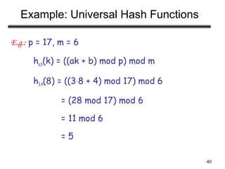 40
Example: Universal Hash Functions
E.g.: p = 17, m = 6
ha,b(k) = ((ak + b) mod p) mod m
h3,4(8) = ((3⋅8 + 4) mod 17) mod 6
= (28 mod 17) mod 6
= 11 mod 6
= 5
 