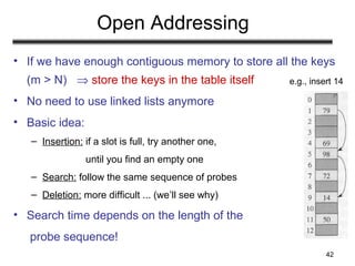 42
Open Addressing
• If we have enough contiguous memory to store all the keys
(m > N) ⇒ store the keys in the table itself
• No need to use linked lists anymore
• Basic idea:
– Insertion: if a slot is full, try another one,
until you find an empty one
– Search: follow the same sequence of probes
– Deletion: more difficult ... (we’ll see why)
• Search time depends on the length of the
probe sequence!
e.g., insert 14
 