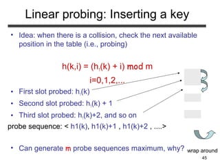 45
Linear probing: Inserting a key
• Idea: when there is a collision, check the next available
position in the table (i.e., probing)
h(k,i) = (h1(k) + i) mod m
i=0,1,2,...
• First slot probed: h1(k)
• Second slot probed: h1(k) + 1
• Third slot probed: h1(k)+2, and so on
• Can generate m probe sequences maximum, why?
probe sequence: < h1(k), h1(k)+1 , h1(k)+2 , ....>
wrap around
 
