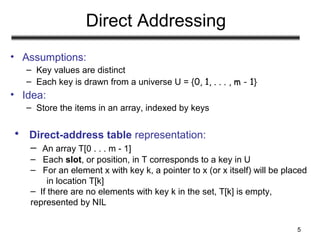 5
Direct Addressing
• Assumptions:
– Key values are distinct
– Each key is drawn from a universe U = {0, 1, . . . , m - 1}
• Idea:
– Store the items in an array, indexed by keys
• Direct-address table representation:
– An array T[0 . . . m - 1]
– Each slot, or position, in T corresponds to a key in U
– For an element x with key k, a pointer to x (or x itself) will be placed
in location T[k]
– If there are no elements with key k in the set, T[k] is empty,
represented by NIL
 