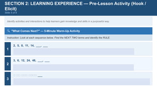 SECTION 2: LEARNING EXPERIENCE — Pre-Lesson Activity (Hook /
Elicit)
Slide 5 of 9
Identify activities and interactions to help learners gain knowledge and skills in a purposeful way.
🔍 "What Comes Next?" — 5-Minute Warm-Up Activity
Instruction: Look at each sequence below. Find the NEXT TWO terms and identify the RULE.
1
2, 5, 8, 11, 14, ___, ___
Hint: Look at the difference between consecutive terms. → Answer: 17, 20 | Rule: Add 3 each time (Arithmetic, d = +3)
2
3, 6, 12, 24, 48, ___, ___
Hint: Try dividing one term by the previous term. → Answer: 96, 192 | Rule: Multiply by 2 each time (Geometric, r = ×2)
3
🔴 🔴🔵 🔴🔵🔴 🔴🔵🔴🔵 ___
Hint: Look at the colors — what pattern do you see with the shapes? → Answer: 🔴🔵🔴🔵🔴 | Rule: Each term adds one shape; colors
alternate R-B
 