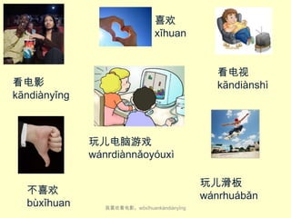 喜欢
​xǐ​huan
看电视
kāndiàn​shì​

看电影
kāndiàn​yǐng​​

玩儿电脑游戏
wánrdiàn​nǎoyóu​xì​​
不喜欢
bù​xǐ​huan​

玩儿滑板
wánr​huá​bǎn​
我喜欢看电影。wǒ​xǐ​huan​kàn​diàn​yǐng

 