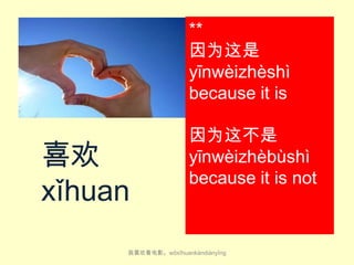 **
因为这是
yīn​wèi​zhè​shì
because it is​

喜欢
​xǐ​huan

因为这不是
yīn​wèi​zhèbù​​shì
because it is​ not

我喜欢看电影。wǒ​xǐ​huan​kàn​diàn​yǐng

 