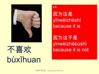 **
因为这是
yīn​wèi​zhè​shì
because it is​

不喜欢
bù​xǐ​huan​

因为这不是
yīn​wèi​zhèbù​​shì
because it is​ not

我喜欢看电影。wǒ​xǐ​huan​kàn​diàn​yǐng

 