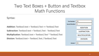 Two Text Boxes + Button and Textbox
Math Functions
Syntax:
Addition: Textbox3.text = Textbox1.Text ++ Textbox2.Text
Subtraction: Textbox3.text = Textbox1.Text - Textbox2.Text
Multiplication: Textbox3.text = Textbox1.Text * Textbox2.Text
Division: Textbox3.text = Textbox1.Text / Textbox2.Text
13
ADDITION
10
First Number:
SUBTRACTION
MULTIPLICATION
DIVISION
Second Number: 5
15
Answer:
 