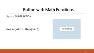 Syntax: SUBTRACTION
MessageBox.Show(10 - 5)
5
Button with Math Functions
SUBTRACTION
 