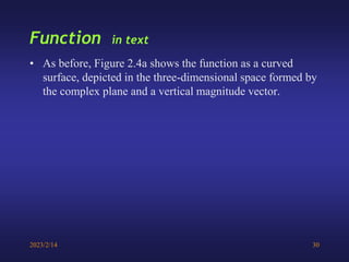 2023/2/14 30
Function in text
• As before, Figure 2.4a shows the function as a curved
surface, depicted in the three-dimensional space formed by
the complex plane and a vertical magnitude vector.
 