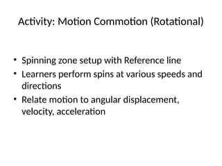 Activity: Motion Commotion (Rotational)
• Spinning zone setup with Reference line
• Learners perform spins at various speeds and
directions
• Relate motion to angular displacement,
velocity, acceleration
 