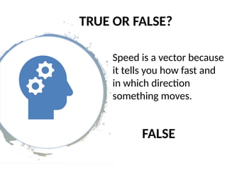 TRUE OR FALSE?
Speed is a vector because
it tells you how fast and
in which direction
something moves.
FALSE
 
