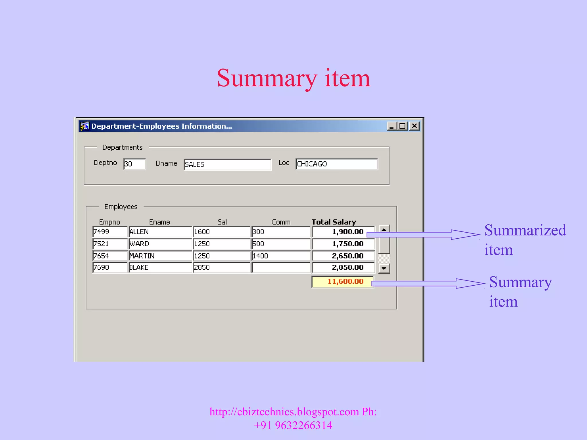 Summary item Summarized item Summary item http://ebiztechnics.blogspot.com Ph: +91 9632266314 