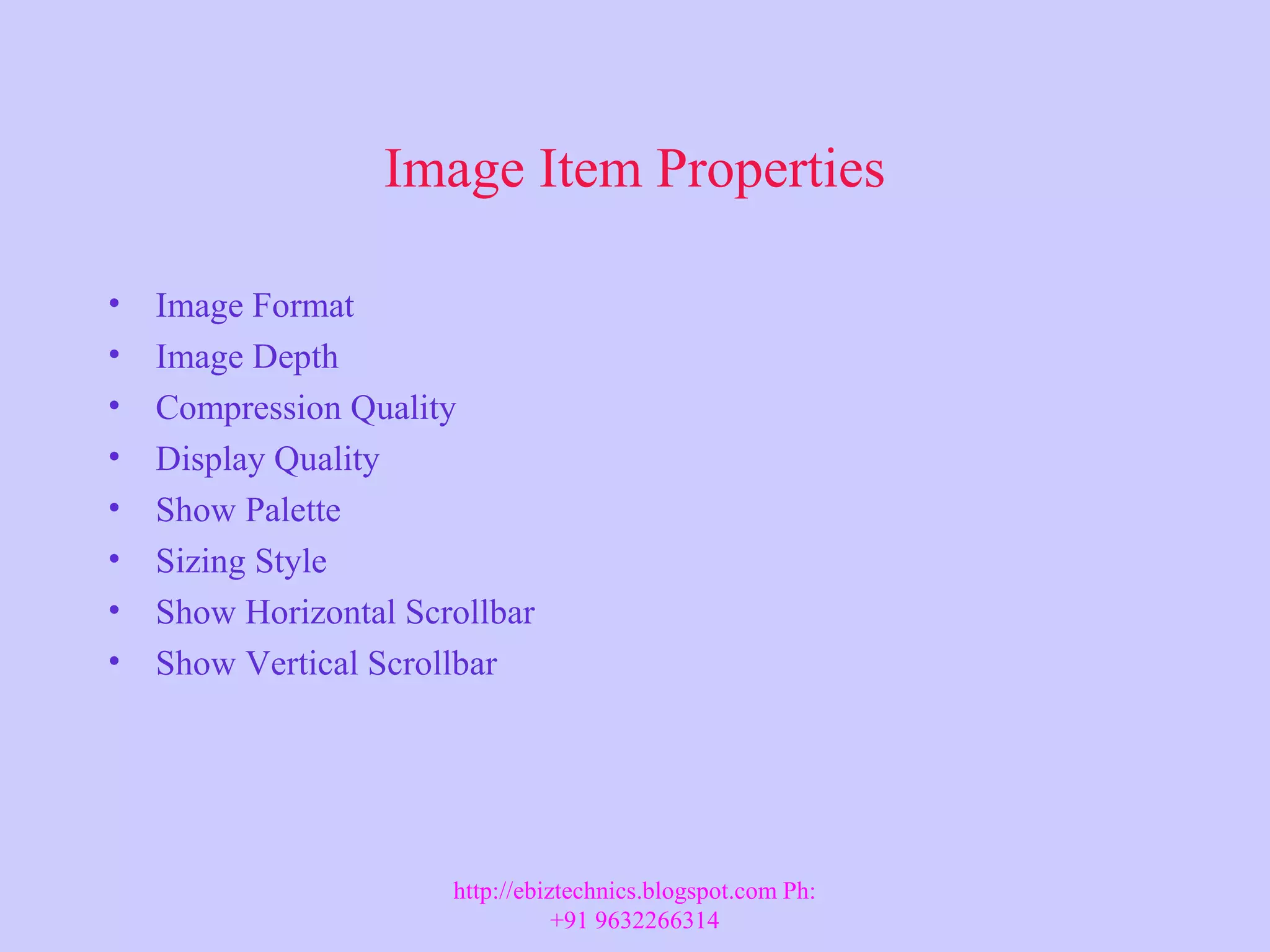 Image Item Properties • Image Format • Image Depth • Compression Quality • Display Quality • Show Palette • Sizing Style • Show Horizontal Scrollbar • Show Vertical Scrollbar http://ebiztechnics.blogspot.com Ph: +91 9632266314 