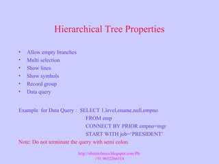 Hierarchical Tree Properties
• Allow empty branches
• Multi selection
• Show lines
• Show symbols
• Record group
• Data query
Example for Data Query : SELECT 1,level,ename,null,empno
FROM emp
CONNECT BY PRIOR empno=mgr
START WITH job=‘PRESIDENT’
Note: Do not terminate the query with semi colon.
http://ebiztechnics.blogspot.com Ph:
+91 9632266314
 
