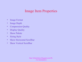 Image Item Properties
• Image Format
• Image Depth
• Compression Quality
• Display Quality
• Show Palette
• Sizing Style
• Show Horizontal Scrollbar
• Show Vertical Scrollbar
http://ebiztechnics.blogspot.com Ph:
+91 9632266314
 