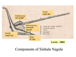 Lewis - 1884
Handle
නගුල් කඳ
Gripping peg
පළු ඇණේ
Blade
හී වැල
Trailer
නගුල් ඉහ
Balancing log
ණකොණවක්
ණකොණේ
Components of Sinhala Nagula
 