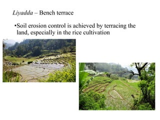 Liyadda – Bench terrace
•Soil erosion control is achieved by terracing the
land, especially in the rice cultivation
 
