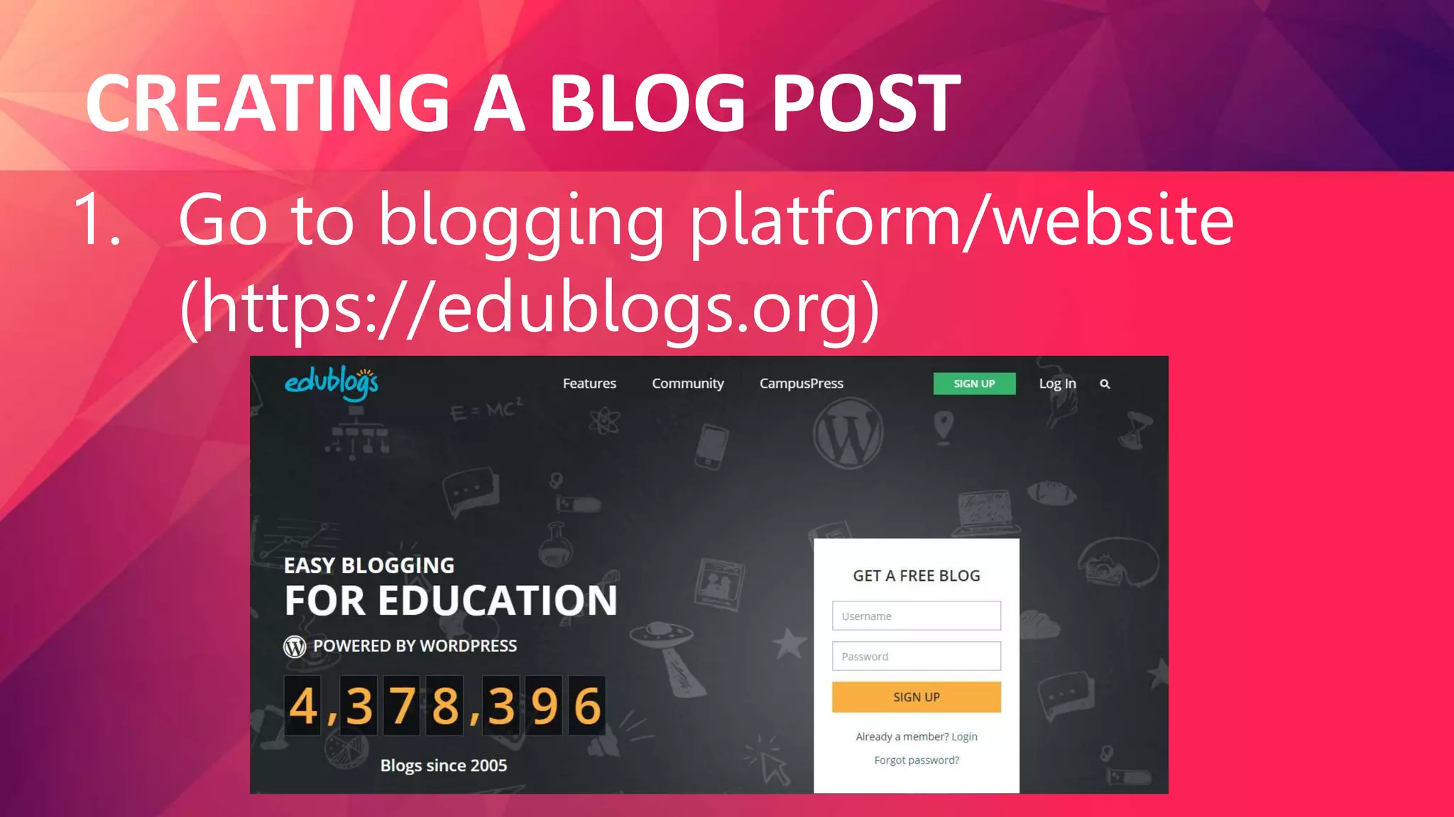 CREATING A BLOG POST
1. Go to blogging platform/website
(https://edublogs.org)
 