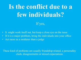 Is the conflict due to a
few individuals?
If yes,
• It might work itself out, but keep a close eye on the issue
• If it is...